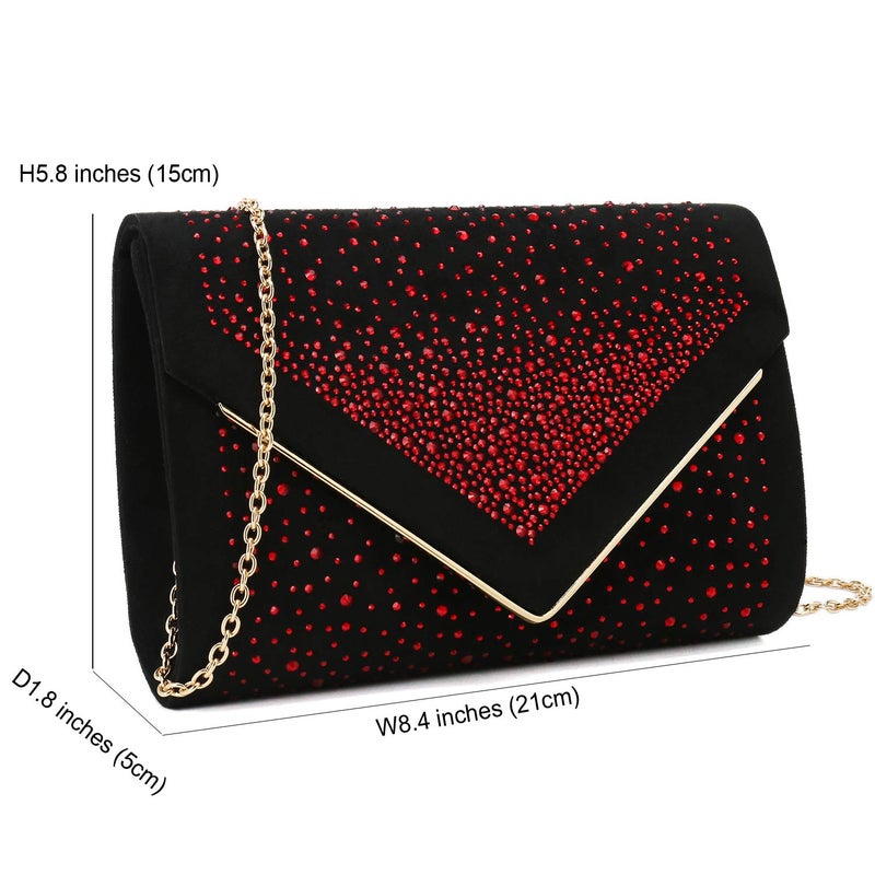 CHARMING TAILOR Envelope Purse Formal Faux Suede Clutch Rhinestone Evening Bag for Women Party Handbag (Black/red) - Image 4